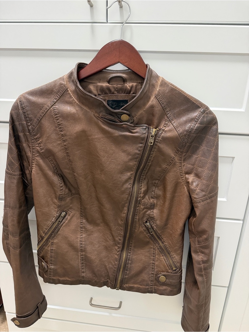 RD Style brown faux leather moto jacket in women’s size S/P